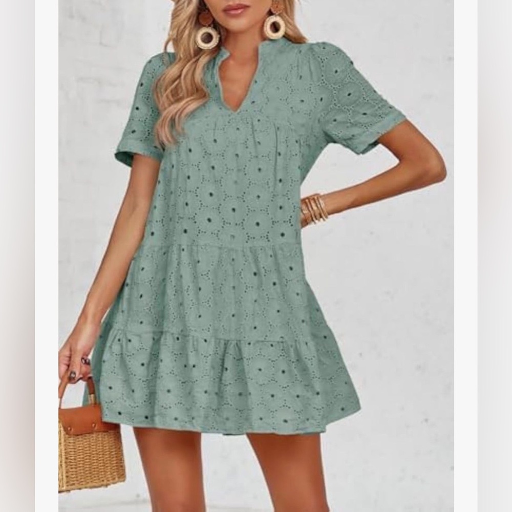Tiered Eyelet Mini Dress in Sage